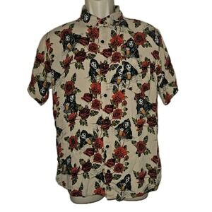 Grim Reaper wirh‎ a beer floral Print Short Sleeve Button Down Shirt Men's M